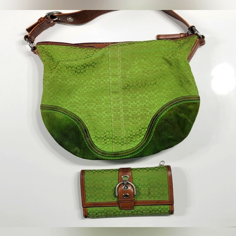 Green canvas & suede Signature Coach Bag & Wallet